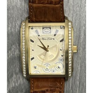 Marc Ecko Watch Mens Gold Tone Crystal King Rectangular Leather Japan E12568G1‎